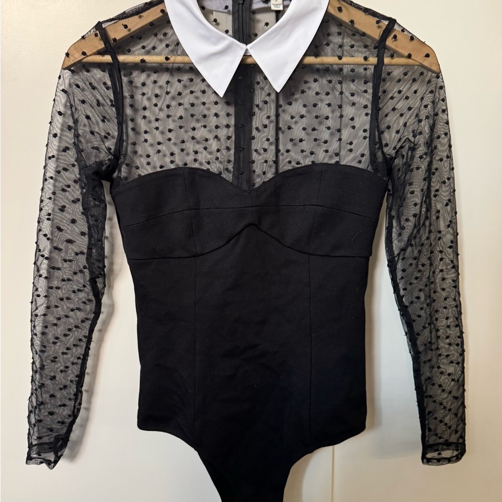 Fleur de Mal Black Sheer Dotted Bodysuit with White Collar